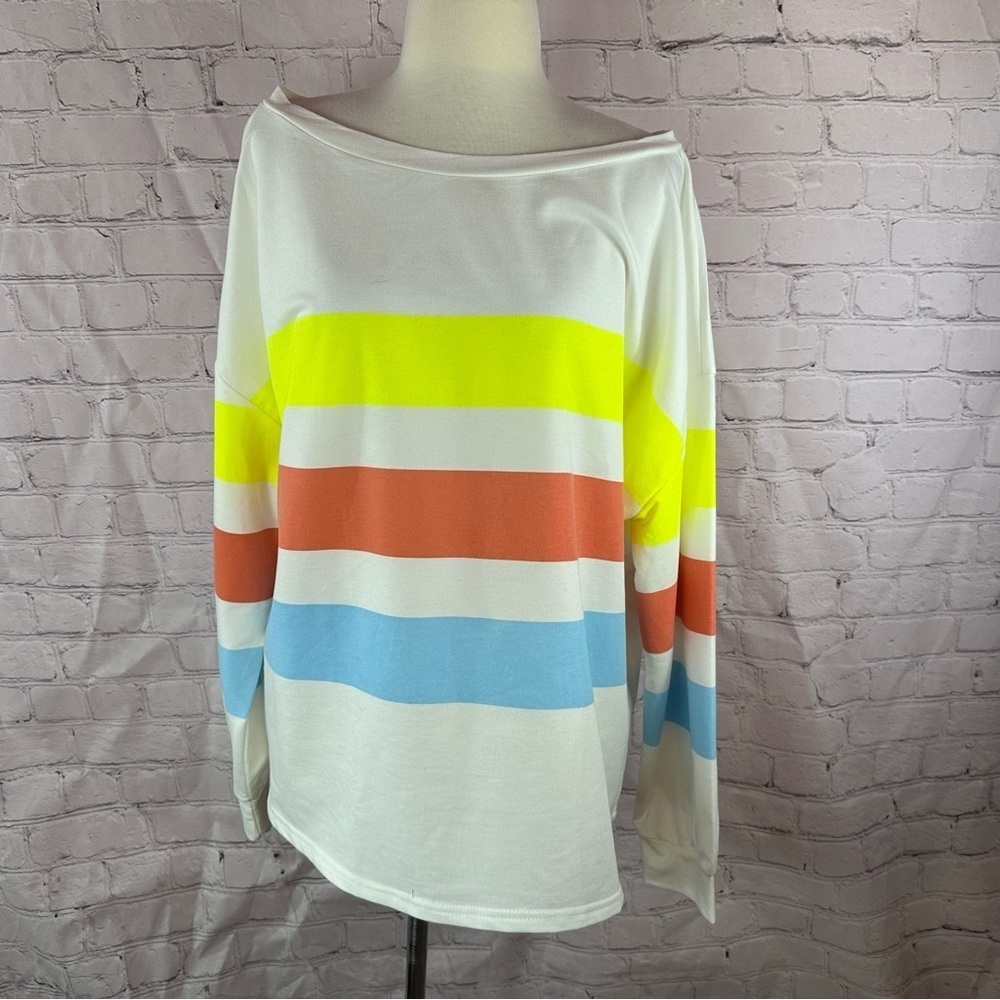 NWT  Boutique Neon stripe fleece sweatshirt sweater weather casual sz XL